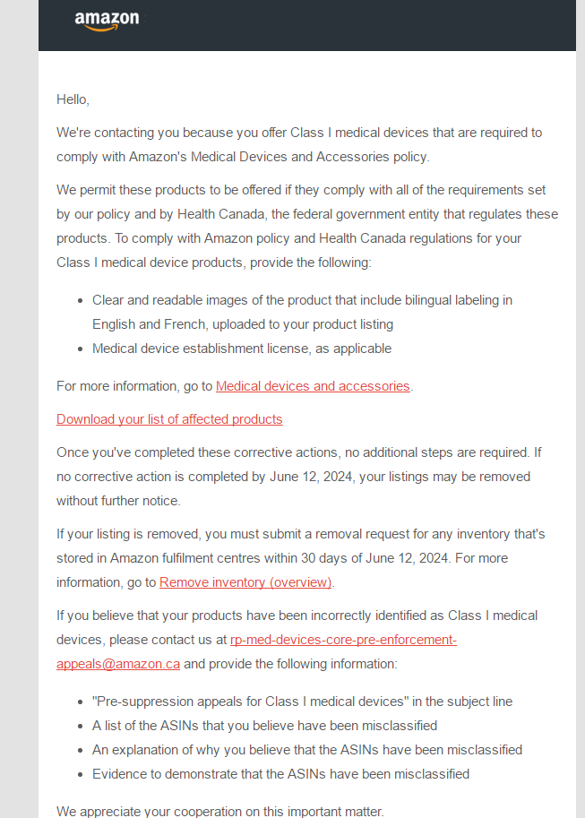 000.png 加拿大个人护理类产品被判定为医疗器械,申述后还是回复产品是医疗器械。请问有遇到类似情况的不,不知道要怎么搞了, 如果是一类医疗器械,自己当做厂家的话,只用在后台上传英语和法语双语标签吗?