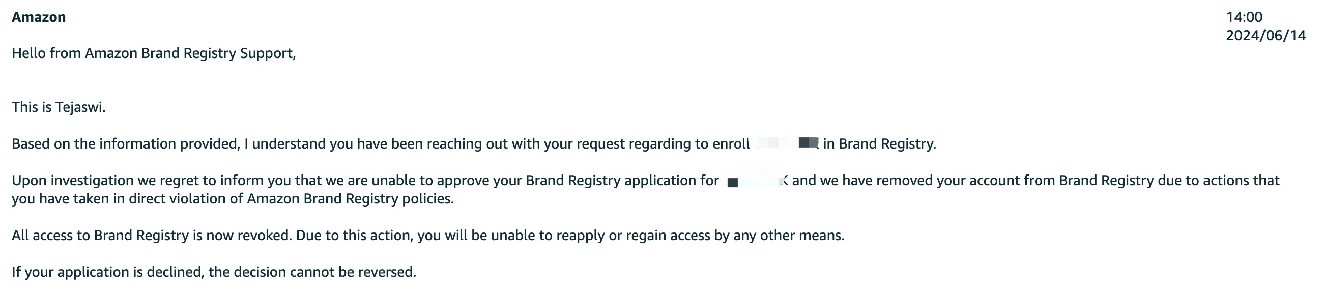美国站新账号品牌备案被拒绝，商标是通过加速器注册的，但是商标所有人和亚马逊账号公司不一致，提供验证码后第二天就回复被拒绝，不懂是啥意思...